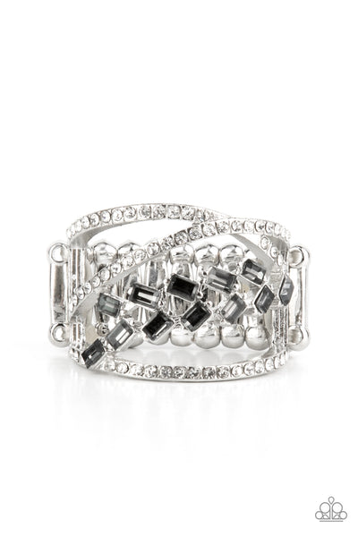 LAVISHLY LUMINARY - SILVER SMOKY AND WHITE RHINESTONE GEM RING - PAPARAZZI