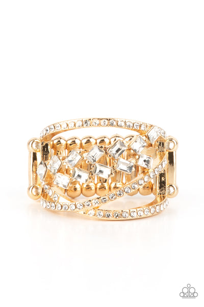 LAVISHLY LUMINARY - GOLD WHITE RHINESTONE RING - PAPARAZZI