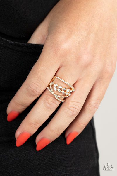 LAVISHLY LUMINARY - GOLD WHITE RHINESTONE RING - PAPARAZZI