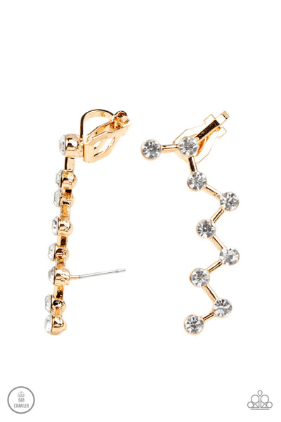 CLAMORING CONSTELLATIONS - GOLD ZIG-ZAG WHITE RHINESTONE CRAWLER EARRINGS - PAPARAZZI