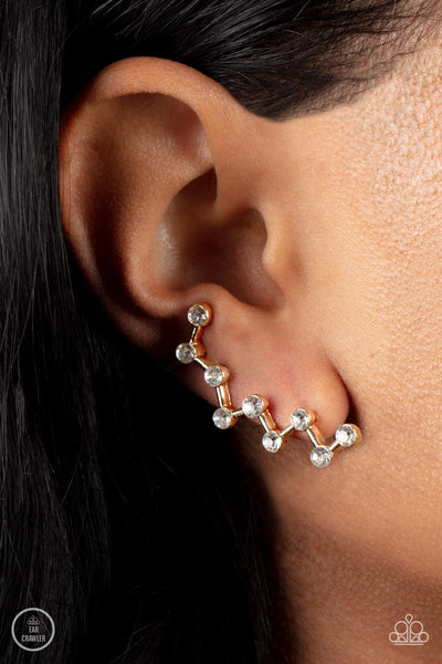CLAMORING CONSTELLATIONS - GOLD ZIG-ZAG WHITE RHINESTONE CRAWLER EARRINGS - PAPARAZZI