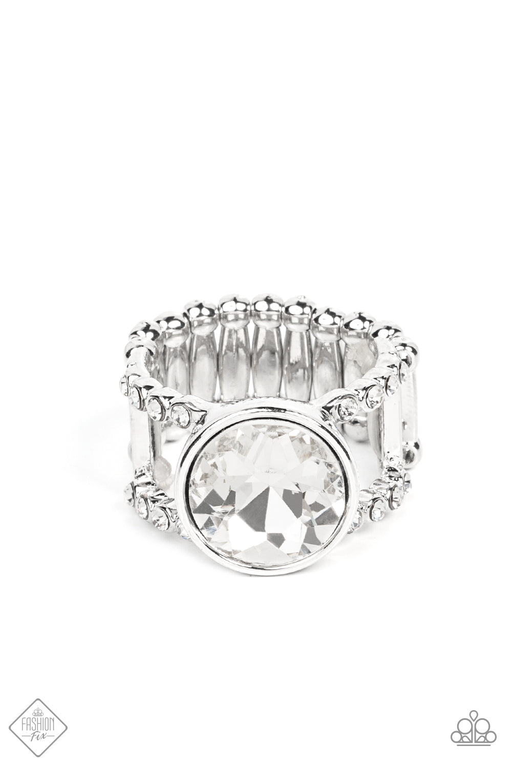 HIGH ROLLER SPARKLE - WHITE RHINESTONE SILVER RING - FASHION FIX NOVEMBER 2021 - PAPARAZZI