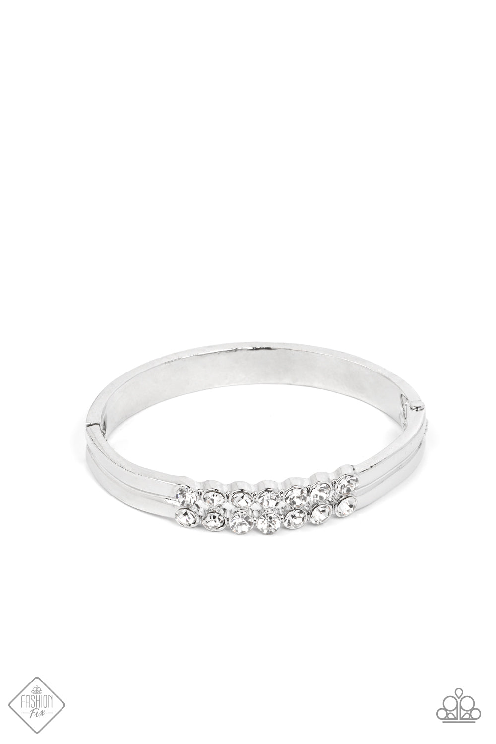 DOUBLED DOWN DAZZLE - WHITE RHINESTONE SILVER HINGED BRACELET - FASHION FIX NOVEMBER 2021 - PAPARAZZI