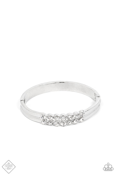 DOUBLED DOWN DAZZLE - WHITE RHINESTONE SILVER HINGED BRACELET - FASHION FIX NOVEMBER 2021 - PAPARAZZI