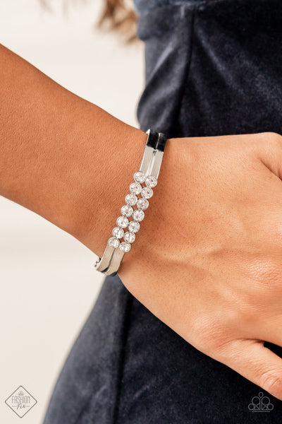 DOUBLED DOWN DAZZLE - WHITE RHINESTONE SILVER HINGED BRACELET - FASHION FIX NOVEMBER 2021 - PAPARAZZI