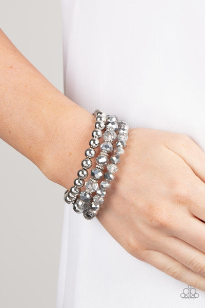 GIMME GIMME - SILVER HEMATITE AND RHINESTONE GEM SILVER COIL BRACELET - PAPARAZZI