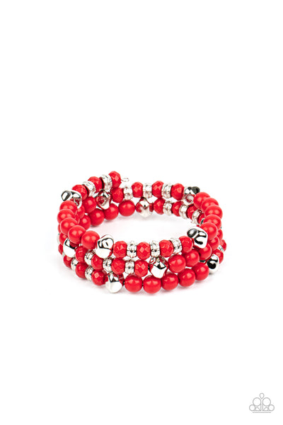 VIBRANT VERVE - RED AND SILVER BEAD COIL BRACELET - PAPARAZZI