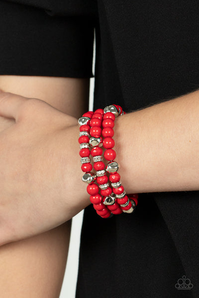 VIBRANT VERVE - RED AND SILVER BEAD COIL BRACELET - PAPARAZZI