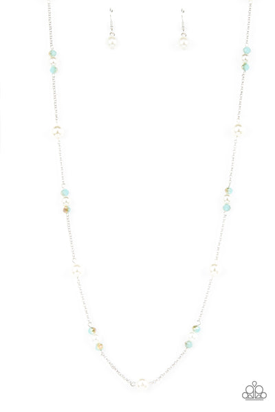 KEEP YOUR EYE ON THE BALLROOM - BLUE OPALESCENT BEAD WHITE PEARL SILVER NECKLACE - PAPARAZZI