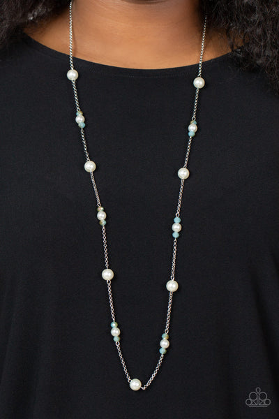 KEEP YOUR EYE ON THE BALLROOM - BLUE OPALESCENT BEAD WHITE PEARL SILVER NECKLACE - PAPARAZZI