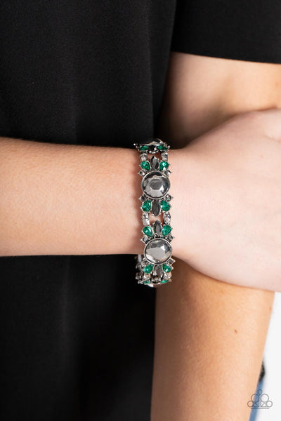 DEFINITIVELY DIVA - GREEN RHINESTONE SILVER BEAD STRETCHY BRACELET - PAPARAZZI Regular price