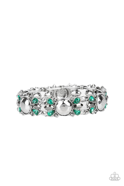 DEFINITIVELY DIVA - GREEN RHINESTONE SILVER BEAD STRETCHY BRACELET - PAPARAZZI Regular price