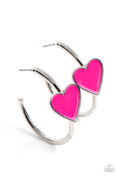 KISS UP - PINK HEART SILVER HOOP EARRINGS - PAPARAZZI