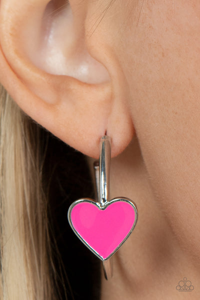 KISS UP - PINK HEART SILVER HOOP EARRINGS - PAPARAZZI