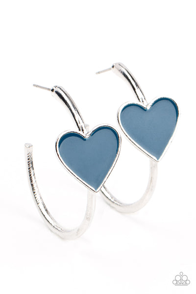 KISS UP - BLUE HEART SILVER HOOP EARRINGS - PAPARAZZI