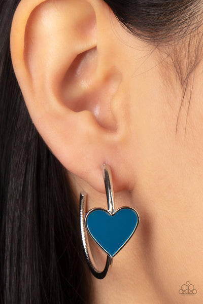 KISS UP - BLUE HEART SILVER HOOP EARRINGS - PAPARAZZI