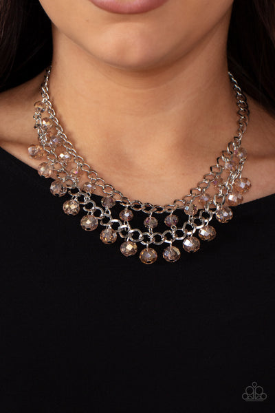 URBAN PALACE - BROWN IRIDESCENT CRYSTAL BEAD SILVER LAYERED NECKLACE - PAPARAZZI