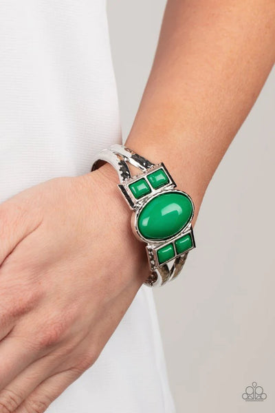 A TOUCH OF TIKI - GREEN BEAD SILVER HINGED BRACELET - PAPARAZZI