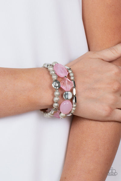 MARINA MAGIC - PINK AND SILVER BEAD STRETCHY BRACELET SET - PAPARAZZI