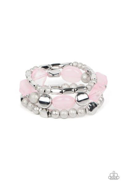 MARINA MAGIC - PINK AND SILVER BEAD STRETCHY BRACELET SET - PAPARAZZI
