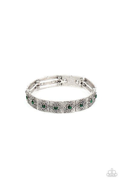 VENETIAN VALENTINE - GREEN RHINESTONE SILVER FILIGREE STRETCHY BRACELET - PAPARAZZI