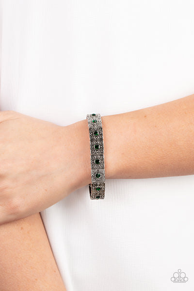 VENETIAN VALENTINE - GREEN RHINESTONE SILVER FILIGREE STRETCHY BRACELET - PAPARAZZI