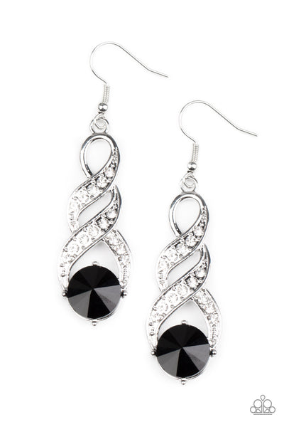 HIGH-RANKING ROYALTY - BLACK GEM WHITE RHINESTONE SILVER EARRINGS - PAPARAZZI