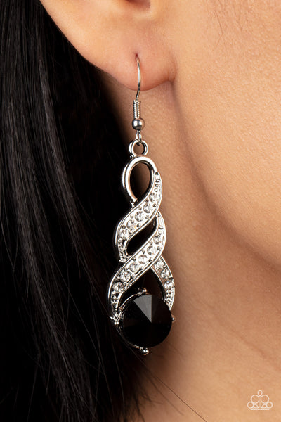 HIGH-RANKING ROYALTY - BLACK GEM WHITE RHINESTONE SILVER EARRINGS - PAPARAZZI