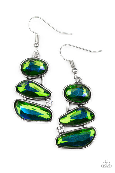 GEM GALAXY - GREEN OPALESCENT GEM SILVER EARRINGS - PAPARAZZI