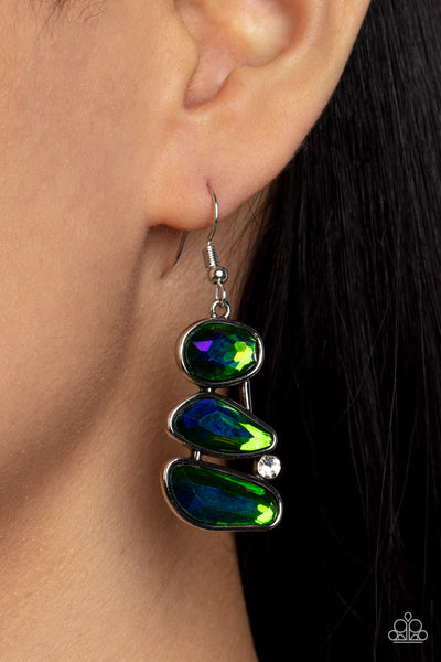 GEM GALAXY - GREEN OPALESCENT GEM SILVER EARRINGS - PAPARAZZI