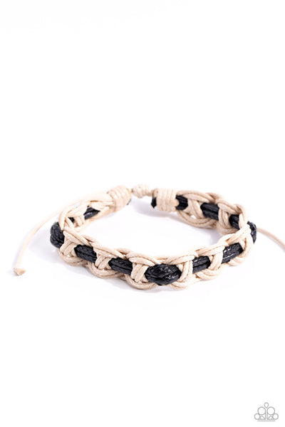 CLIMB ABOARD - BLACK AND WHITE LEATHER CORD URBAN SLIDE BRACELET - PAPARAZZI