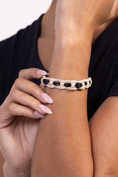 CLIMB ABOARD - BLACK AND WHITE LEATHER CORD URBAN SLIDE BRACELET - PAPARAZZI