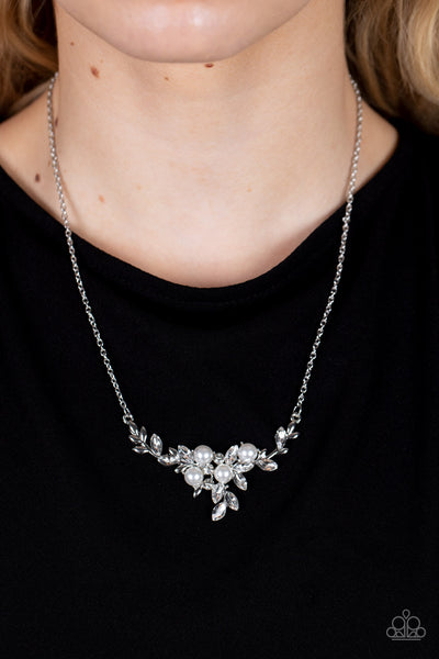 BECAUSE IM THE BRIDE - WHITE PEARL RHINESTONE SILVER NECKLACE - PAPARAZZI