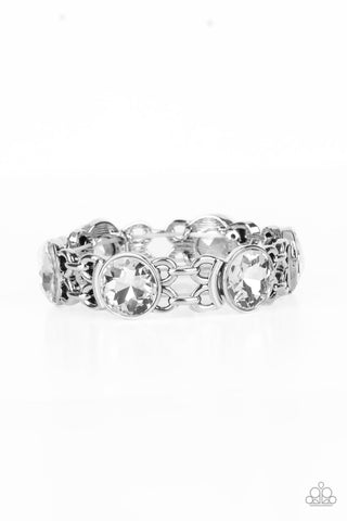 DEVOTED TO DRAMA - WHITE GEM SILVER STRETCHY BRACELET - PAPARAZZI