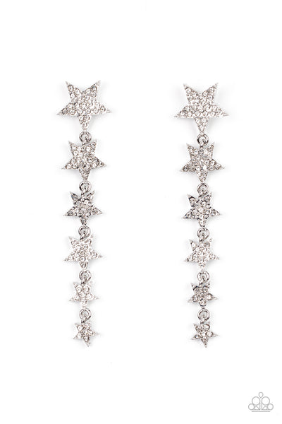 AMERICANA ATTITUDE - WHITE RHINESTONE SILVER STAR POST EARRINGS - PAPARAZZI