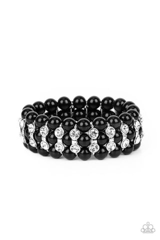 EIFFEL TOWER ELEGANCE - BLACK BEAD WHITE RHINESTONE STRETCHY BRACELET - PAPARAZZI