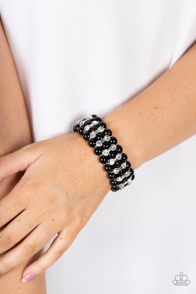 EIFFEL TOWER ELEGANCE - BLACK BEAD WHITE RHINESTONE STRETCHY BRACELET - PAPARAZZI