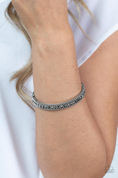 REBEL RENAISSANCE - SILVER HEMATITE RHINESTONE HINGED BRACELET - PAPARAZZI