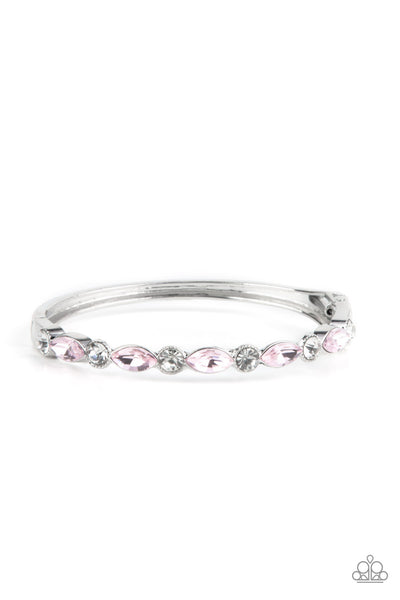 PETITELY POWERHOUSE - PINK AND WHITE RHINESTONE SILVER HINGED BRACELET - PAPARAZZI
