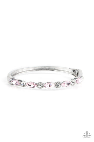 PETITELY POWERHOUSE - PINK AND WHITE RHINESTONE SILVER HINGED BRACELET - PAPARAZZI