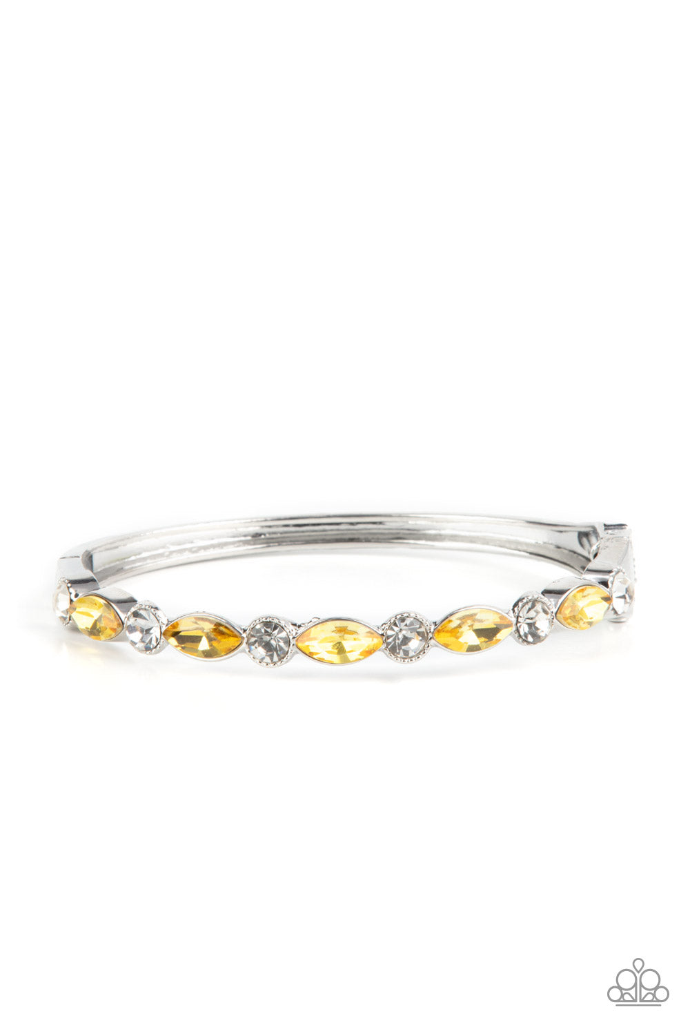 PETITELY POWERHOUSE - YELLOW RHINESTONE SILVER HINGED BRACELET - PAPARAZZI