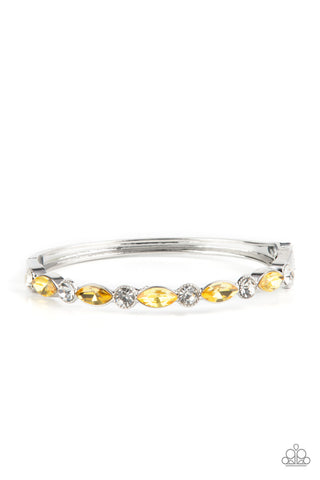 PETITELY POWERHOUSE - YELLOW RHINESTONE SILVER HINGED BRACELET - PAPARAZZI