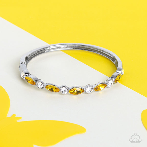PETITELY POWERHOUSE - YELLOW RHINESTONE SILVER HINGED BRACELET - PAPARAZZI