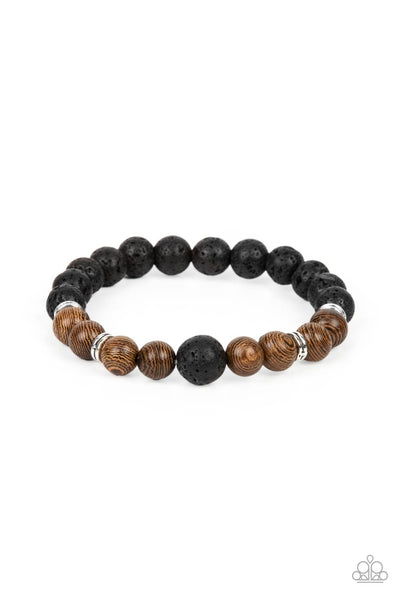 NEUTRAL ZONE - BROWN WOOD BEAD BLACK LAVA STRETCHY BRACELET - PAPARAZZI