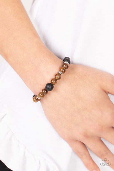 NEUTRAL ZONE - BROWN WOOD BEAD BLACK LAVA STRETCHY BRACELET - PAPARAZZI