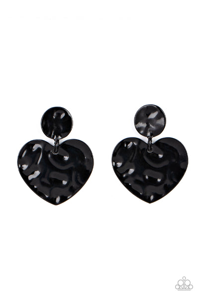 JUST A LITTLE CRUSH - BLACK HAMMERED DISC HEART POST EARRINGS - PAPARAZZI