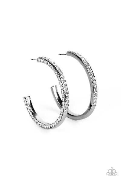 POWERHOUSE PRECISION - BLACK GUNMETAL WHITE RHINESTONE HOOP EARRINGS - PAPARAZZI