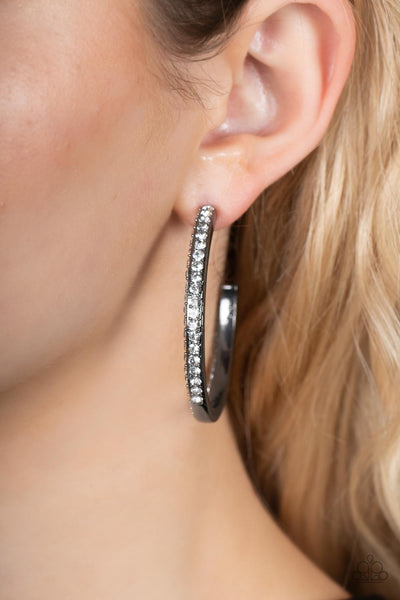 POWERHOUSE PRECISION - BLACK GUNMETAL WHITE RHINESTONE HOOP EARRINGS - PAPARAZZI