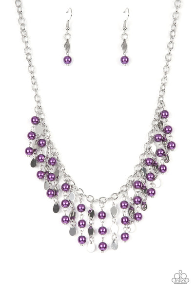 WALL STREET STYLIST - PURPLE PEARL SILVER FRINGE NECKLACE- PAPARAZZI