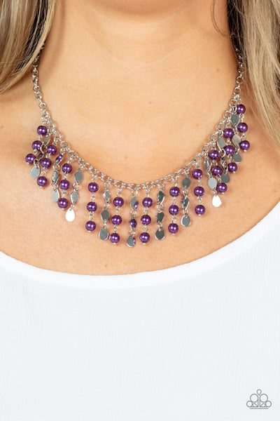 WALL STREET STYLIST - PURPLE PEARL SILVER FRINGE NECKLACE- PAPARAZZI